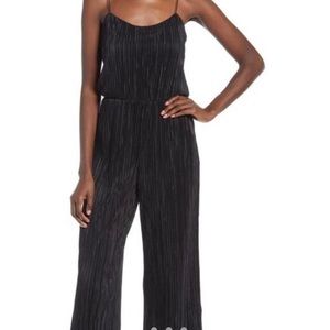 SEXY BLACK SATIN SILK PLISSE JUMPSUIT WITH ELASTIC WAISTBAND